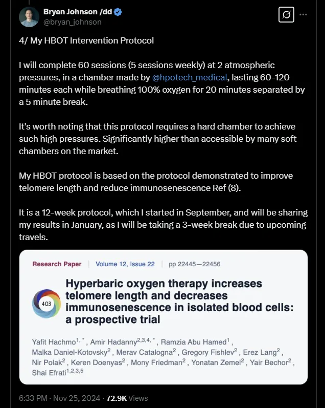 Bryan Johnson's HBOT experiment with the ZEUGMA hyperbaric chamber - HPO  TECH